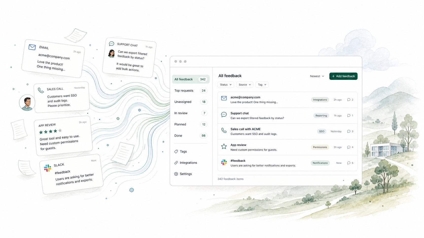 Scattered emails, chats, and reviews flowing into one clean feedback table